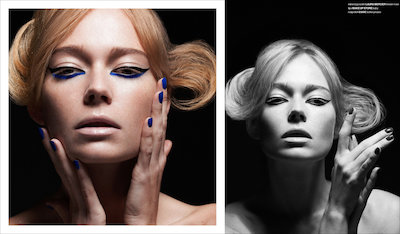 Editorial, Frontpage, B/W, Beauty, Black Make Up, Blue, Colour, Eyeliner, Gold, Red, Skin