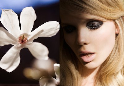Editorial, Frontpage, Beauty, Black Make Up, Close Up, Eyelid, Face, female, Flower, Magnolia, Sunlight